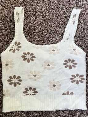 Ardene Cream Knit Floral Tank Top with Brown Flower Motif